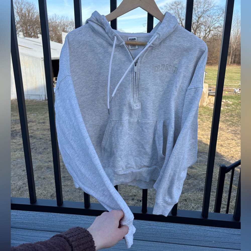 PINK White Sherpa-Lined Half Zip Hoodie